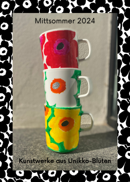 Individuell bemalte Unikko Tassen von unserer Marimekko-Mal-Aktion zu Mittsommer 2024. Diese drei in den Farben rot-pink-schwarz-weiß, weiß-orange-silber-grün und gelb-orange-schwarz-grün.