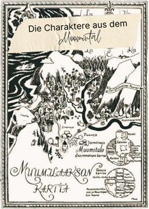 Eine Karte des Moomintals mit den Bergen, dem Fluss, dem Meer, dem Moominhaus, allen Wegen und Brücken, dem Badehaus un dem Wald. 