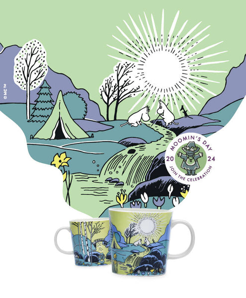 Die Tasse zum Moomin's Day 2024 A Promise of Spring zeigt, wie Snufkin im Moomin-Tal zum Frühlingsanfang wieder ankommt. 