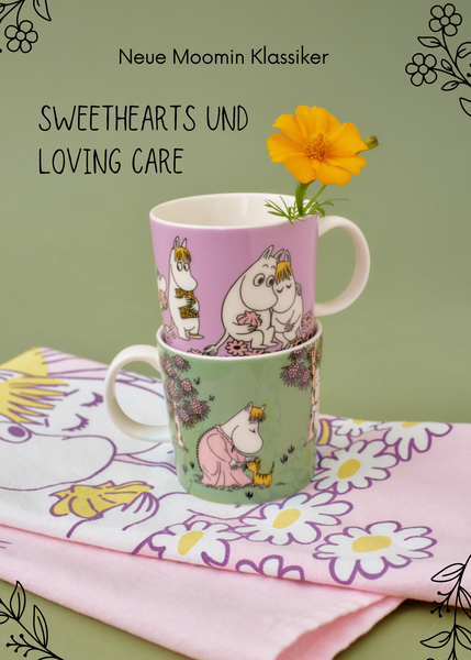 Die neuen Moomin Arabia Klassiker sind da: Sweethearts (lila) und Loving Care (grün) zeigen verschiedene Facetten der Liebe. 