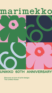 Marimekkos Unikko Blüte wird 2024 60 Jahre alt! Hier Maija Isolas Design in verschiedenen Farben: rosa-weiß, blau-weiß und rosa-rot.